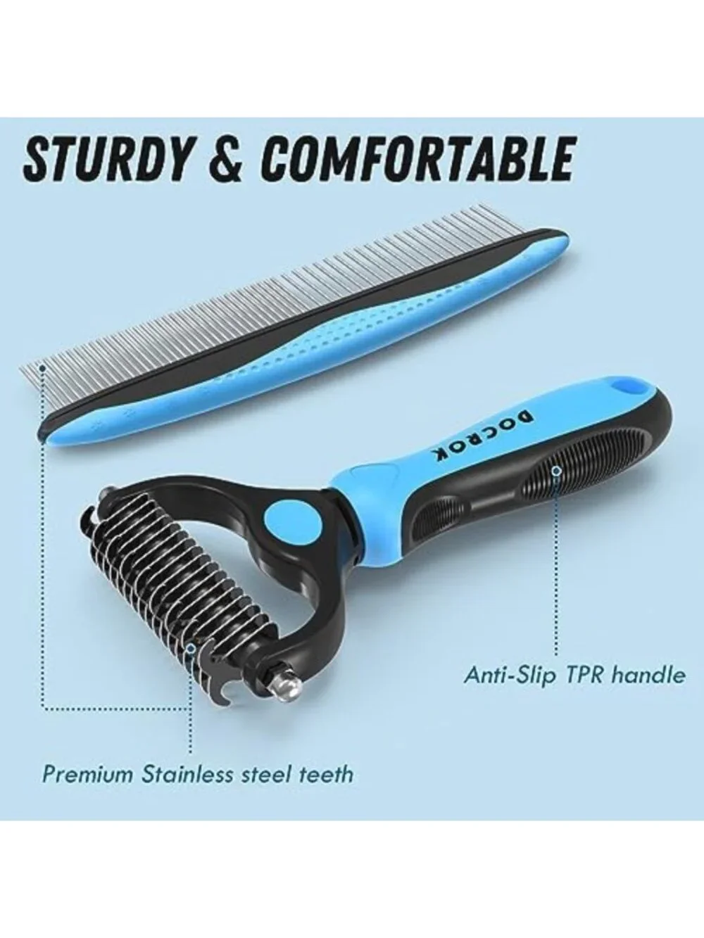 Pet Grooming Combo Set - Blue Deshedding Brush & Metal Comb for Long Fur Care